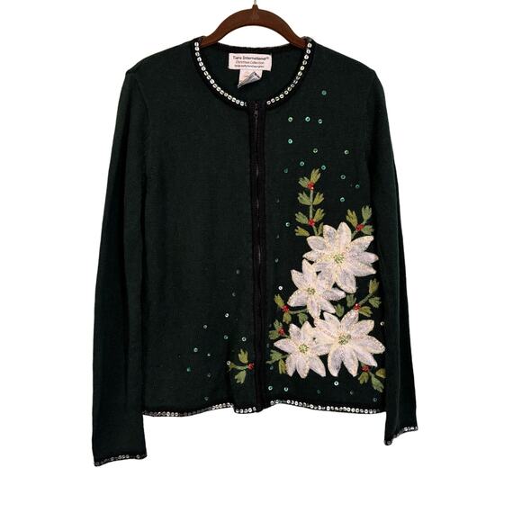 Tiara International Christmas Sweater L Green Floral Sequins Full Zip Cardigan - Picture 1 of 7